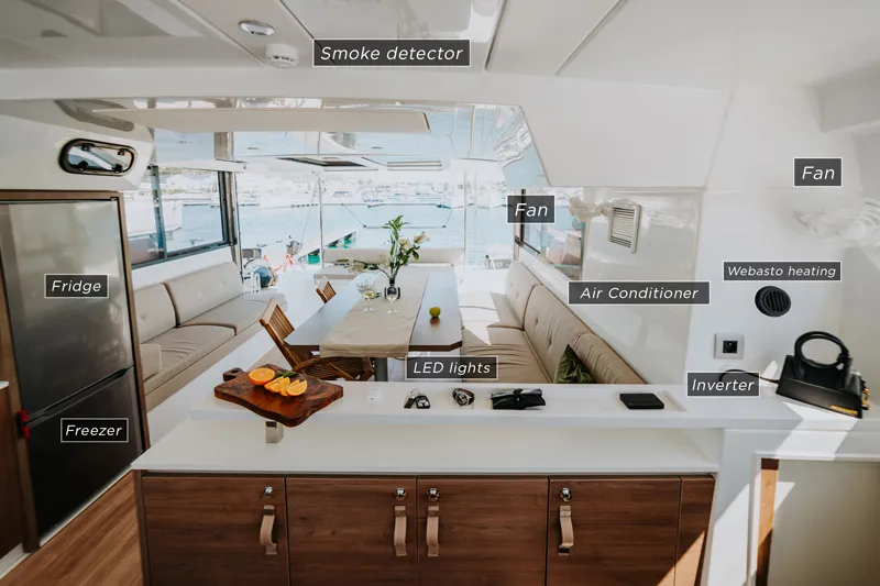Salon of Nor, a Bali Catspace catamaran at Šibenik, Croatia