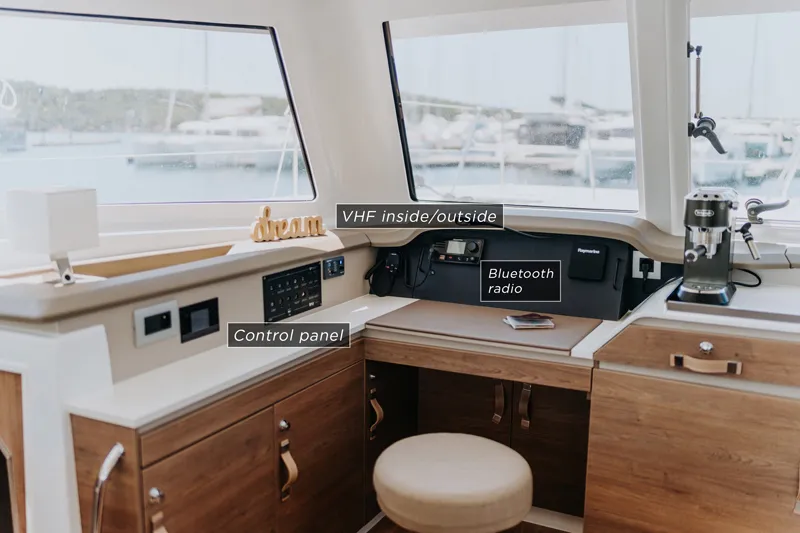 Cockpit of Nor, a Bali Catspace catamaran at Šibenik, Croatia