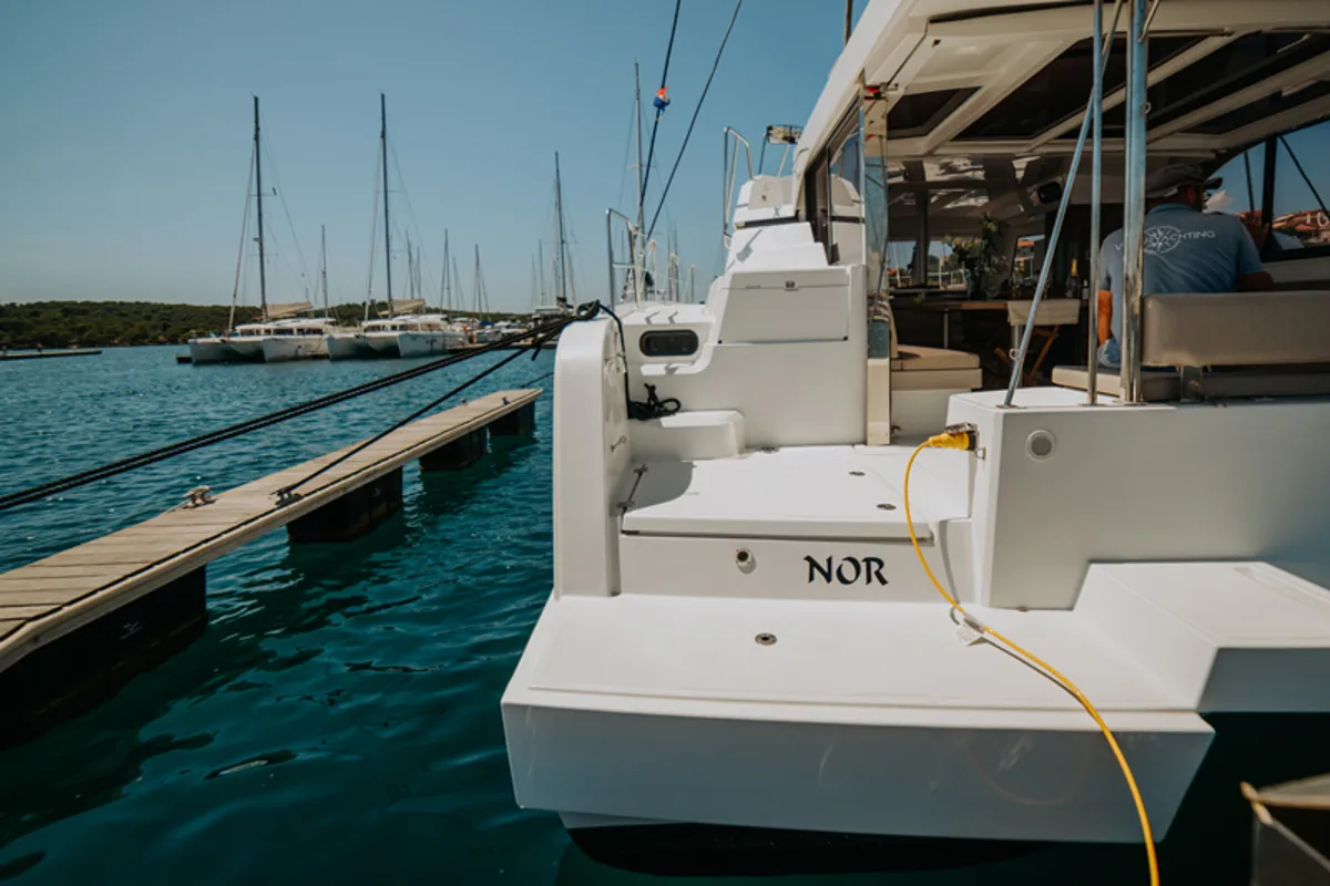 Exterior view of Nor, a Bali Catspace catamaran at Šibenik, Croatia