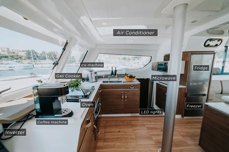 Galley of Nor, a Bali Catspace catamaran at Šibenik, Croatia