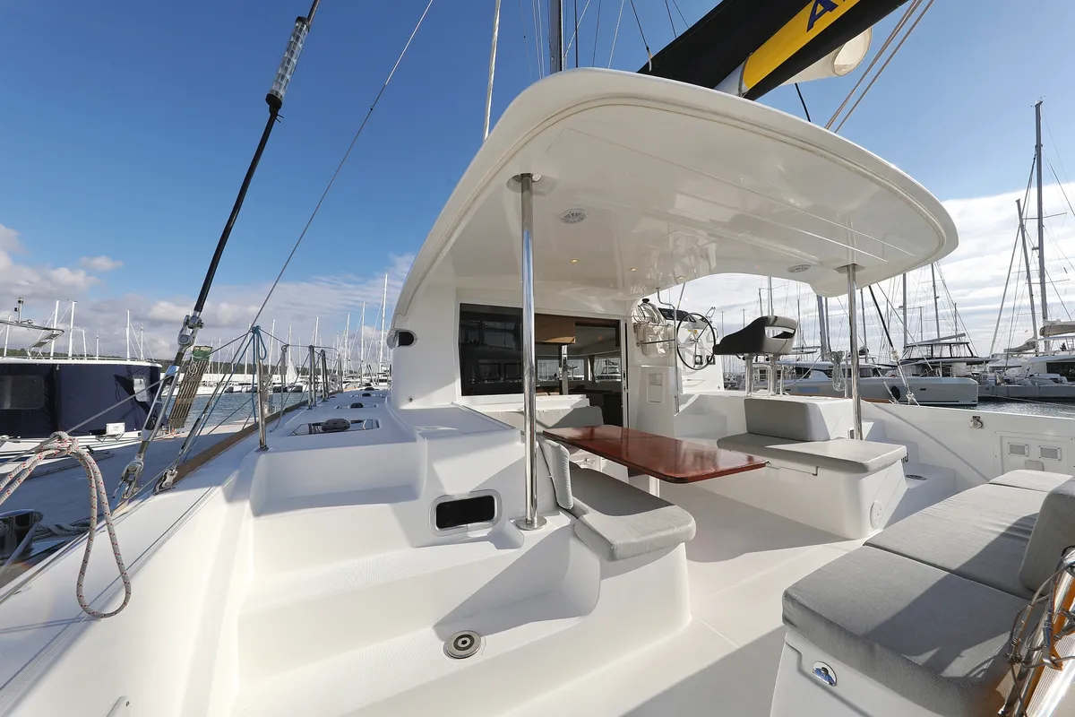 Deck of La Luna, a Lagoon 40 catamaran at Sukošan, Croatia