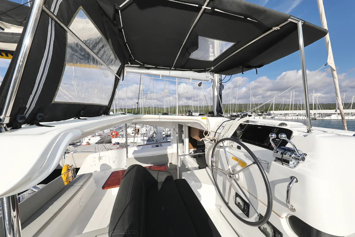 Cockpit of La Luna, a Lagoon 40 catamaran at Sukošan, Croatia