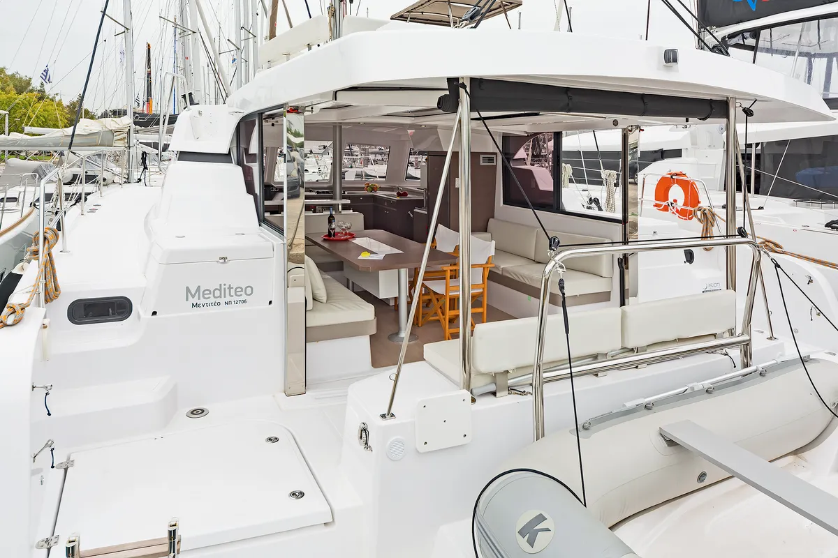 Deck of Waterlily, a Bali Catspace catamaran at Municipal Unit of Lefkada, Greece