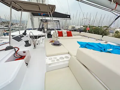 Deck of Waterlily, a Bali Catspace catamaran at Municipal Unit of Lefkada, Greece