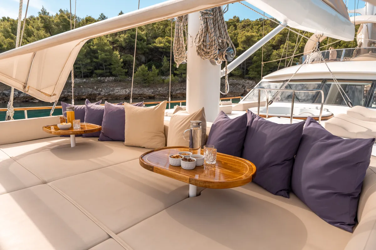 Deck of Alessandro I, a Gulet Luxury Sailing Yacht sailboat at Split, Croatia