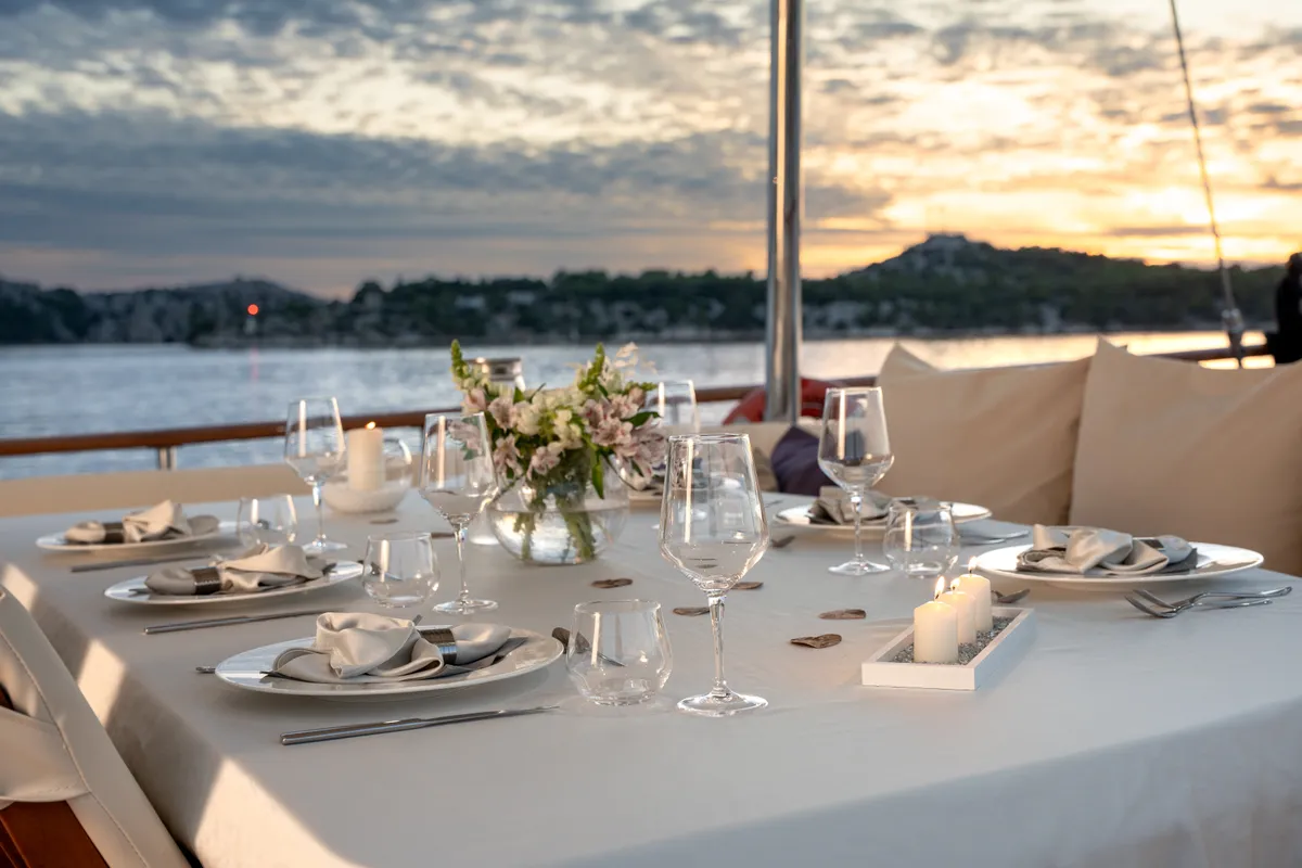 Deck of Alessandro I, a Gulet Luxury Sailing Yacht sailboat at Split, Croatia
