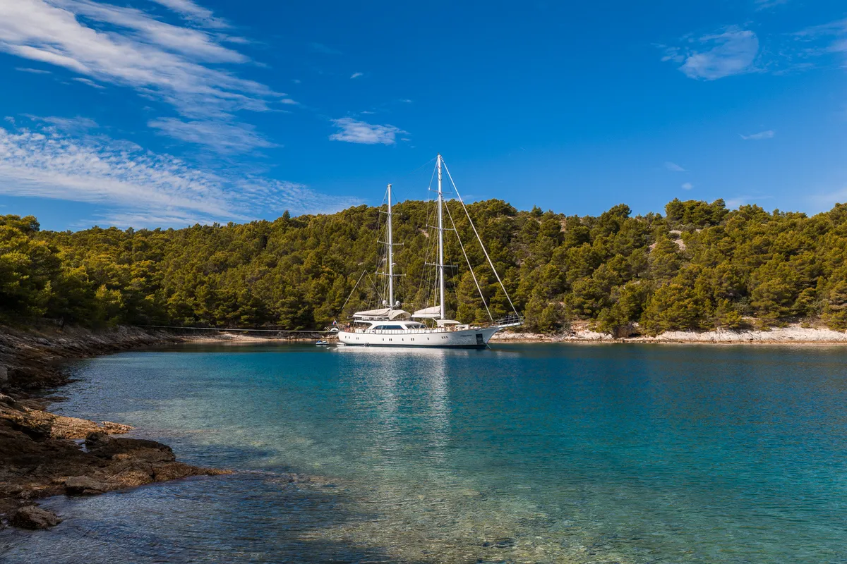 Exterior view of Alessandro I, a Gulet Luxury Sailing Yacht sailboat at Split, Croatia