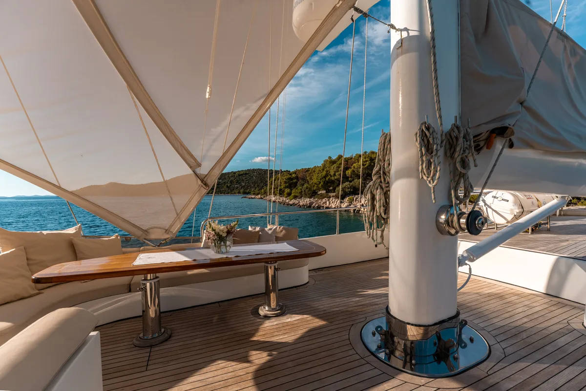 Deck of Alessandro I, a Gulet Luxury Sailing Yacht sailboat at Split, Croatia