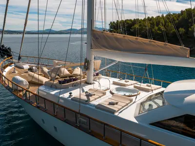 Deck of Alessandro I, a Gulet Luxury Sailing Yacht sailboat at Split, Croatia
