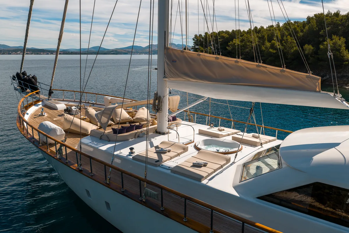 Deck of Alessandro I, a Gulet Luxury Sailing Yacht sailboat at Split, Croatia