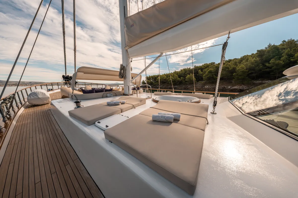Deck of Alessandro I, a Gulet Luxury Sailing Yacht sailboat at Split, Croatia