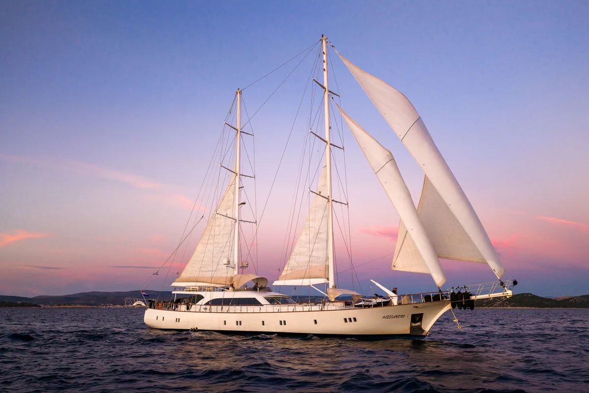 Exterior view of Alessandro I, a Gulet Luxury Sailing Yacht sailboat at Split, Croatia