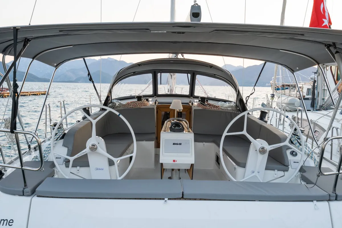 Cockpit of Classy, a Bavaria Cruiser 46 sailboat at Marmaris, Turkey