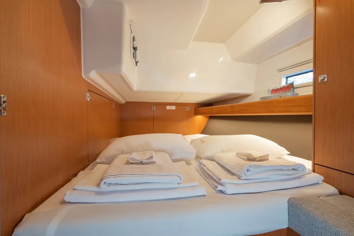 Cabin on Classy, a Bavaria Cruiser 46 sailboat at Marmaris, Turkey