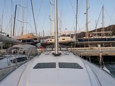 Deck of Classy, a Bavaria Cruiser 46 sailboat at Marmaris, Turkey