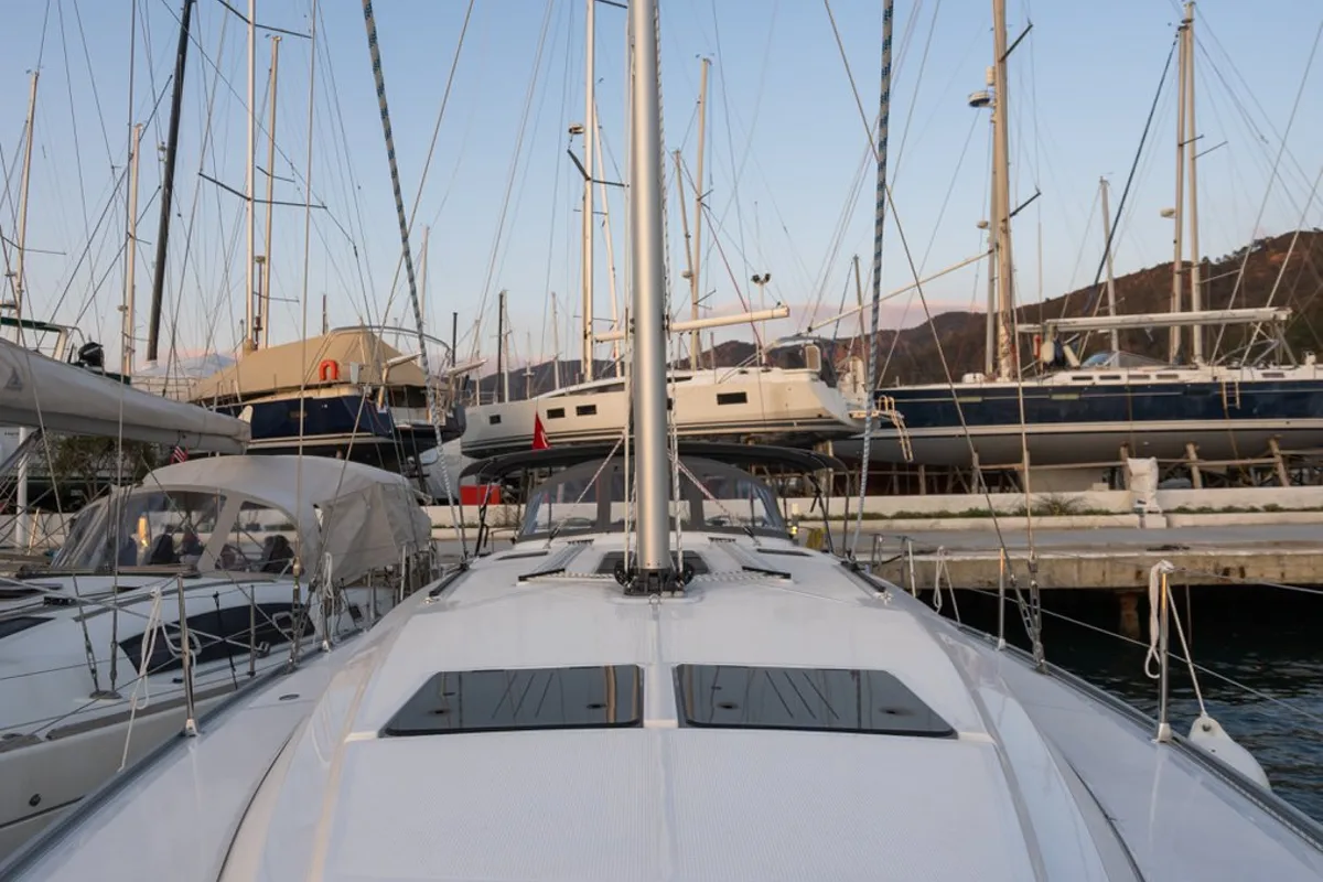 Deck of Classy, a Bavaria Cruiser 46 sailboat at Marmaris, Turkey
