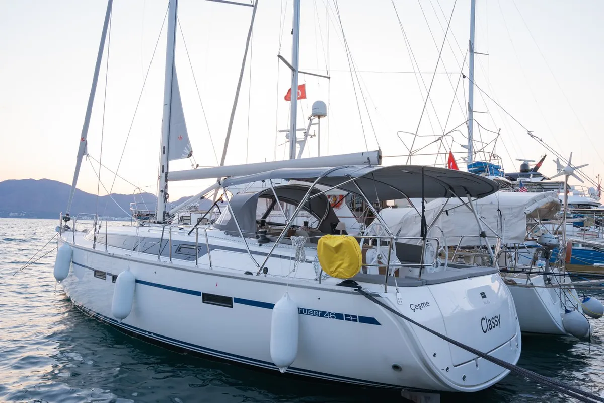 Exterior view of Classy, a Bavaria Cruiser 46 sailboat at Marmaris, Turkey
