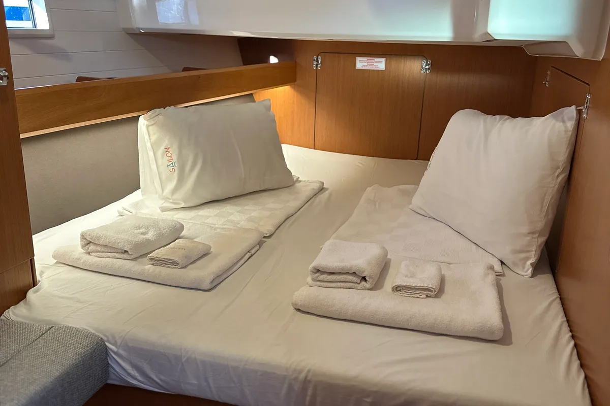 Cabin on Classy, a Bavaria Cruiser 46 sailboat at Marmaris, Turkey