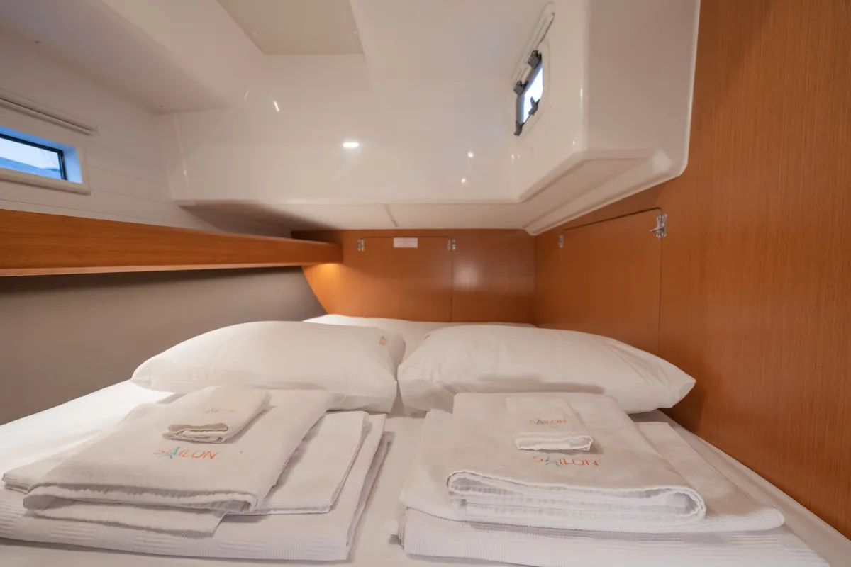Cabin on Classy, a Bavaria Cruiser 46 sailboat at Marmaris, Turkey