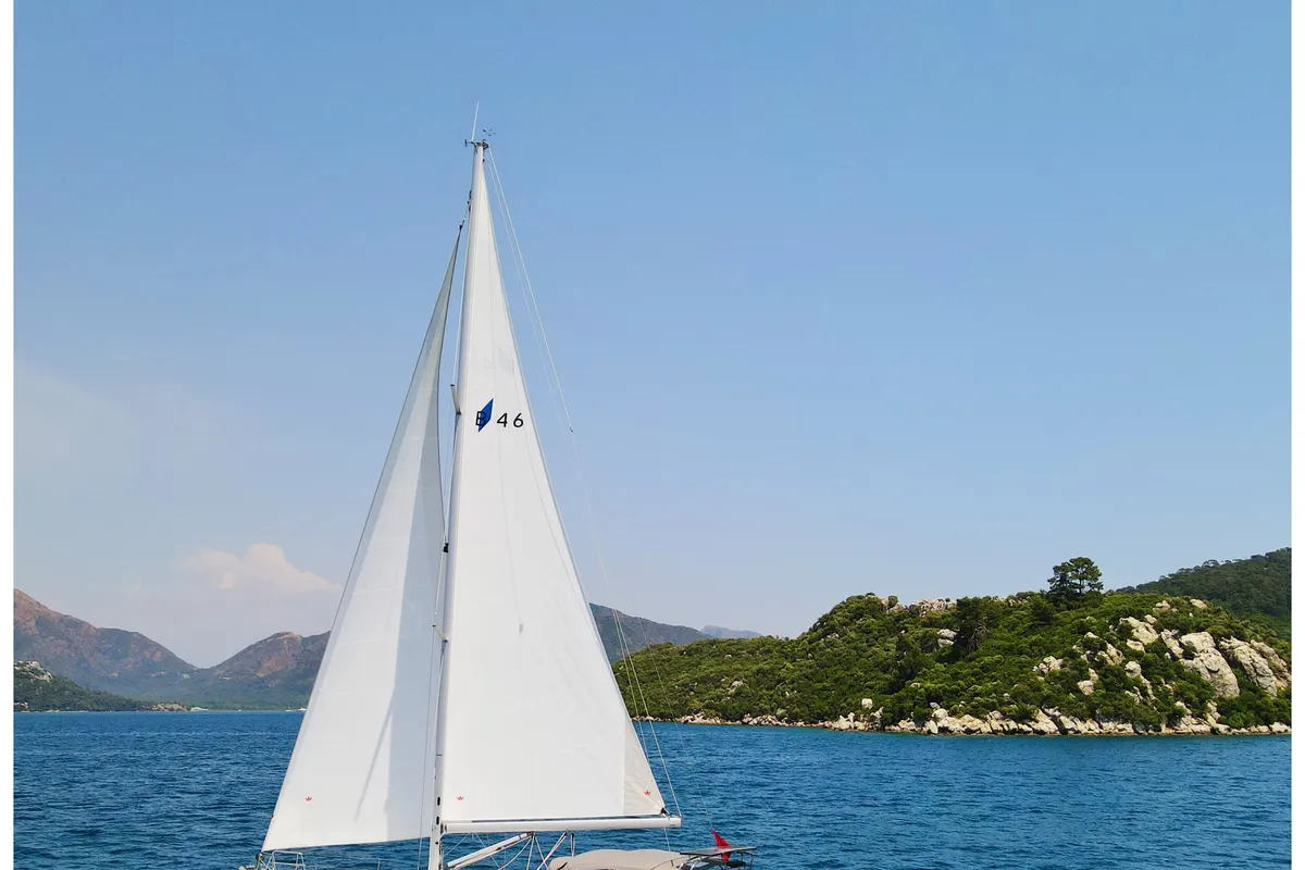 Exterior view of Classy, a Bavaria Cruiser 46 sailboat at Marmaris, Turkey