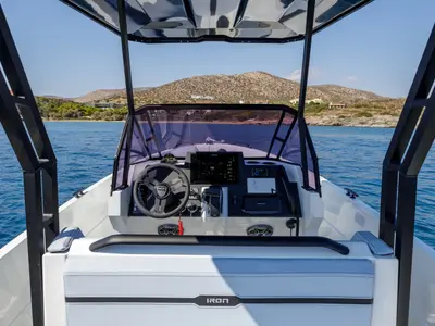 Cockpit of Iron Hawke, a Motorboat motorboat at Kranidi, Greece