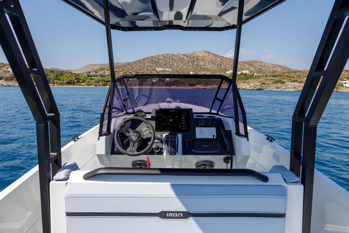 Cockpit of Iron Hawke, a Motorboat motorboat at Kranidi, Greece