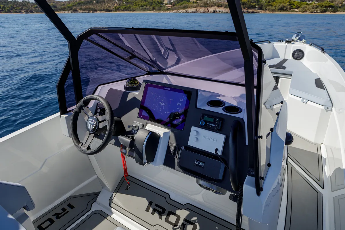 Cockpit of Iron Hawke, a Motorboat motorboat at Kranidi, Greece