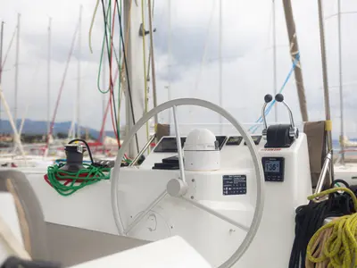 Cockpit of Maya Bay 4, a Bali Catspace catamaran at Grad Kaštela, Croatia