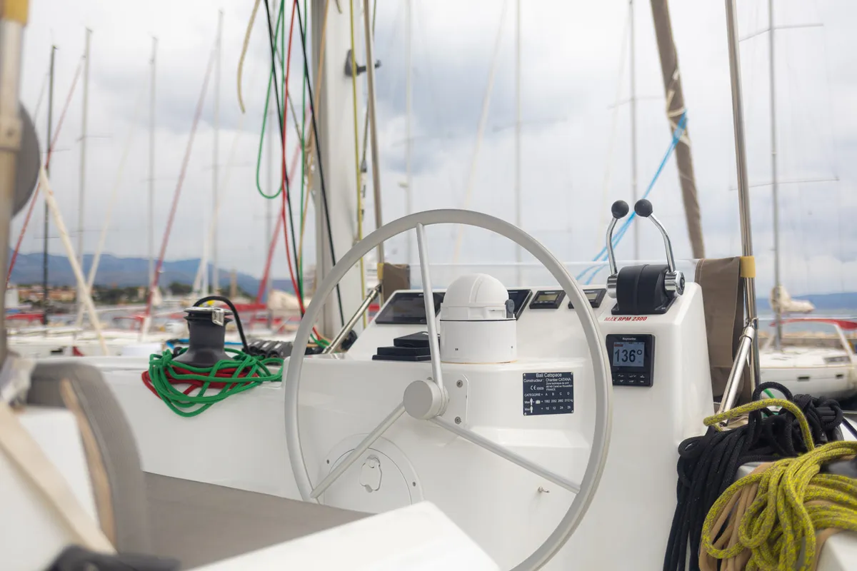 Cockpit of Maya Bay 4, a Bali Catspace catamaran at Grad Kaštela, Croatia