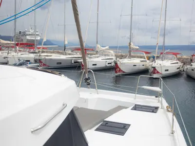 Deck of Maya Bay 4, a Bali Catspace catamaran at Grad Kaštela, Croatia