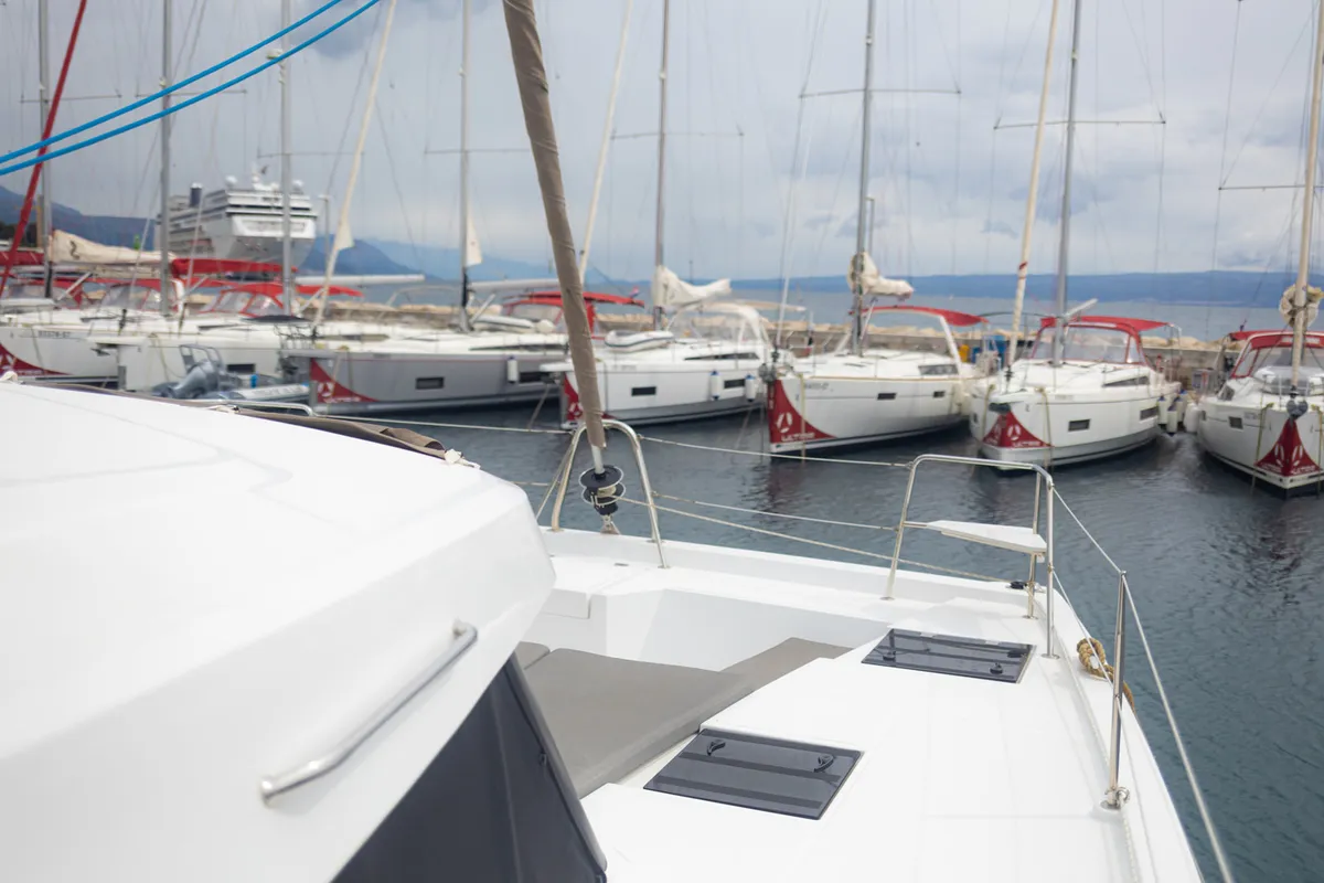 Deck of Maya Bay 4, a Bali Catspace catamaran at Grad Kaštela, Croatia