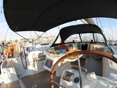 Cockpit of Joker, a Beneteau Cyclades 50.5 sailboat at Athens, Greece