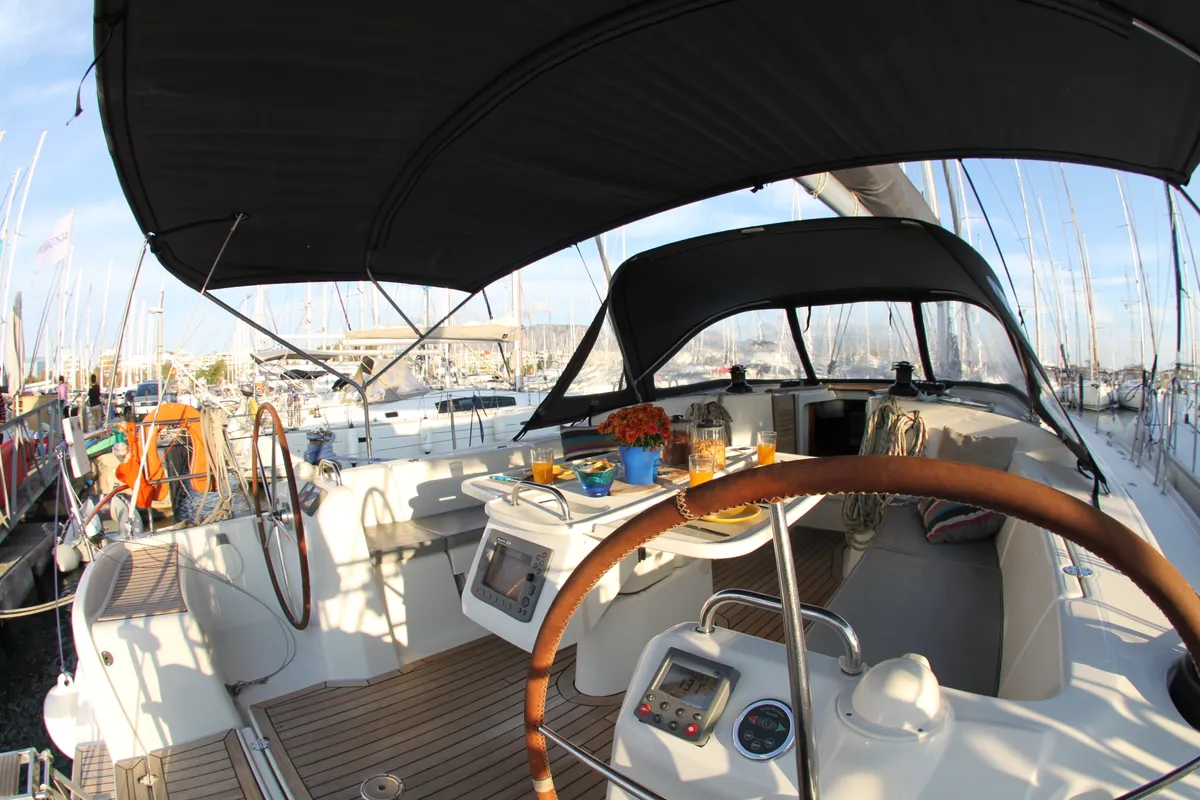 Cockpit of Joker, a Beneteau Cyclades 50.5 sailboat at Athens, Greece