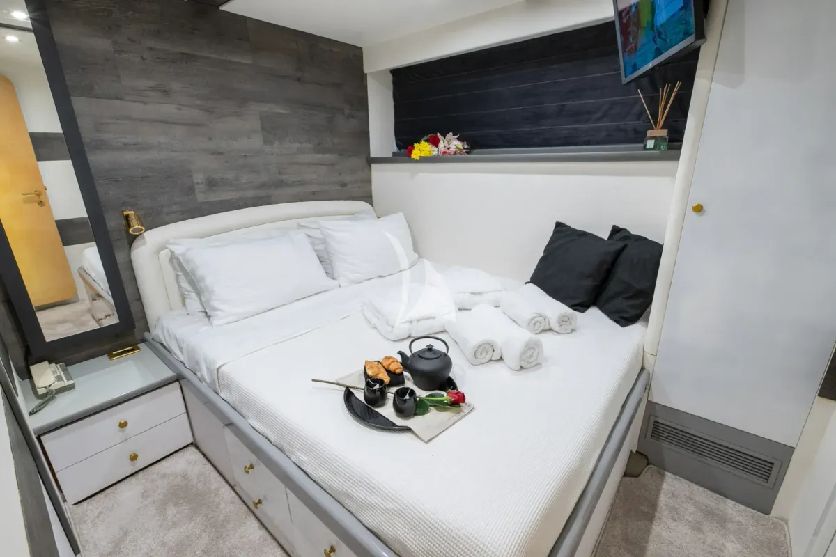 Cabin on Wish, a Alfamarine 90 motor yacht at Athens, Greece