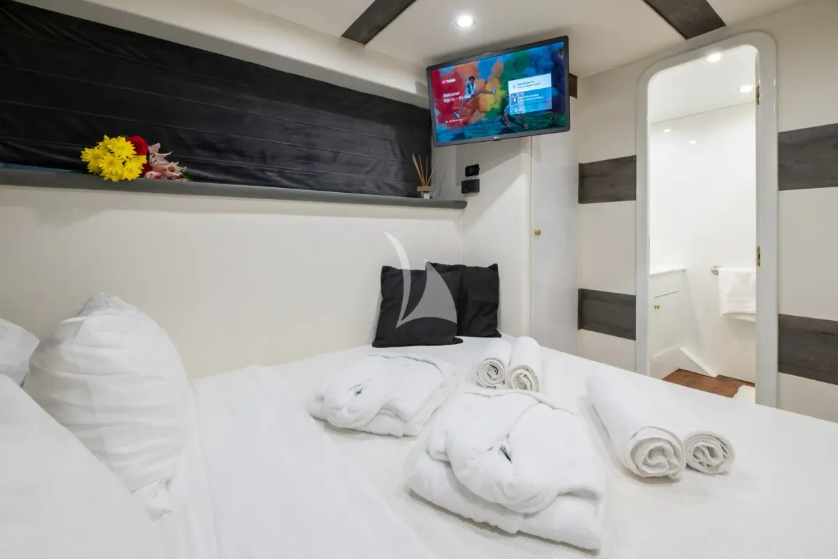 Cabin on Wish, a Alfamarine 90 motor yacht at Athens, Greece