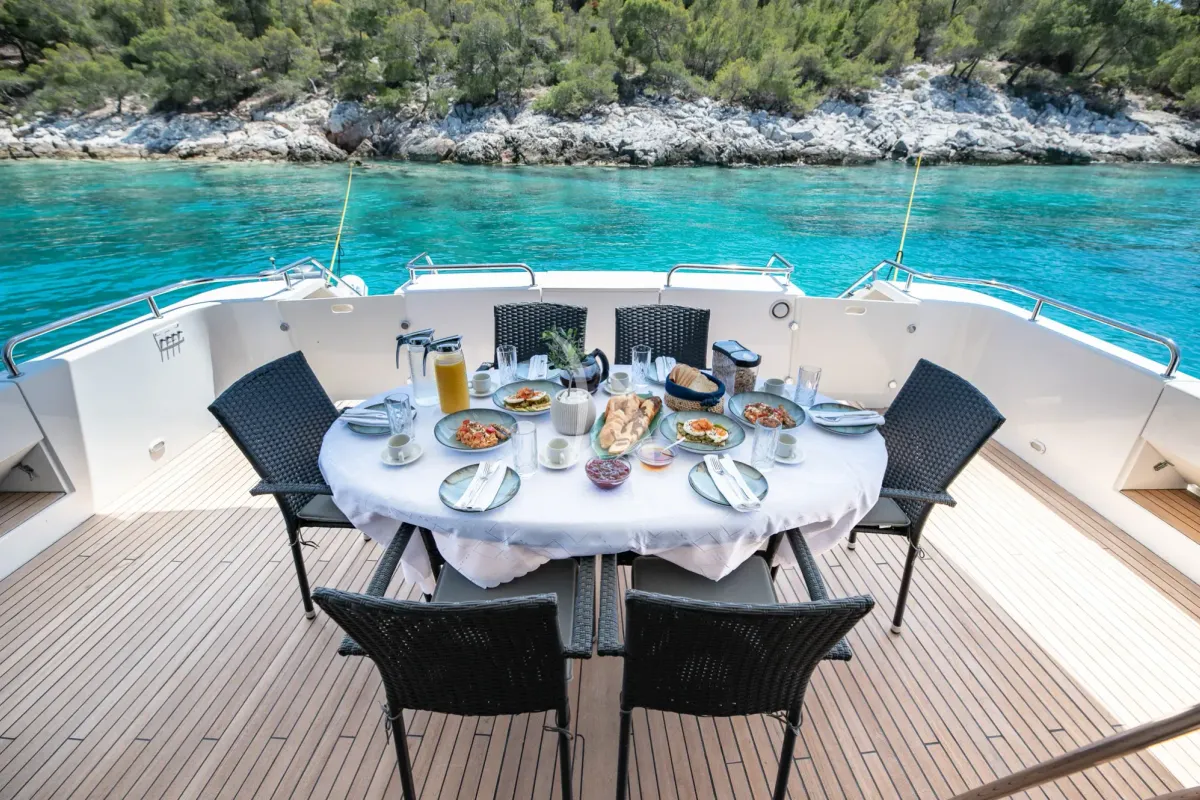 Deck of Wish, a Alfamarine 90 motor yacht at Athens, Greece
