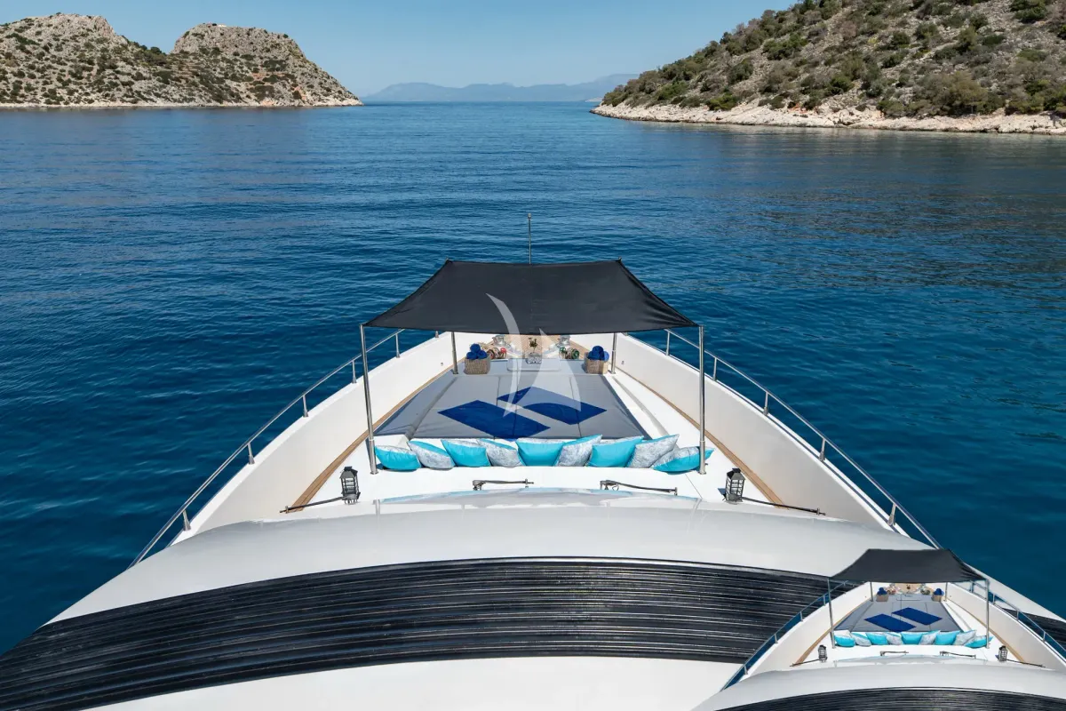 Deck of Wish, a Alfamarine 90 motor yacht at Athens, Greece