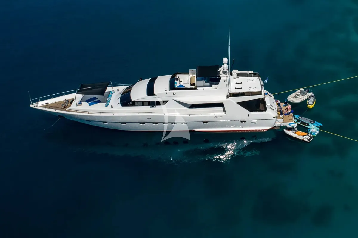 Exterior view of Wish, a Alfamarine 90 motor yacht at Athens, Greece