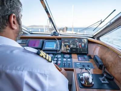 Cockpit of Wish, a Alfamarine 90 motor yacht at Athens, Greece