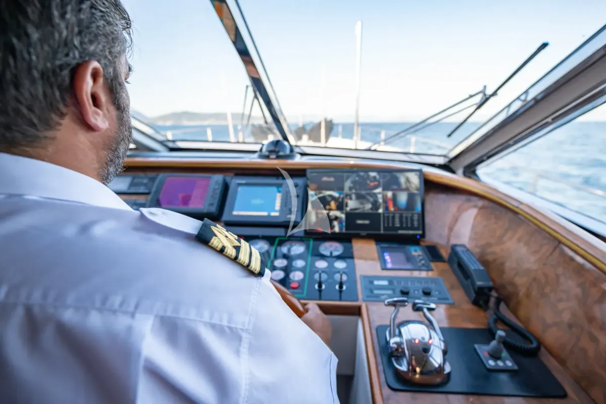 Cockpit of Wish, a Alfamarine 90 motor yacht at Athens, Greece
