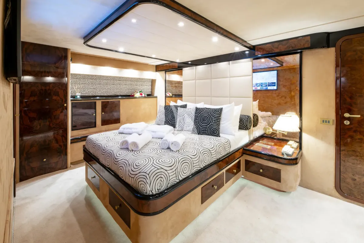 Cabin on Wish, a Alfamarine 90 motor yacht at Athens, Greece