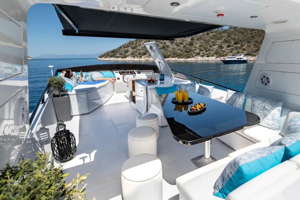 Deck of Wish, a Alfamarine 90 motor yacht at Athens, Greece