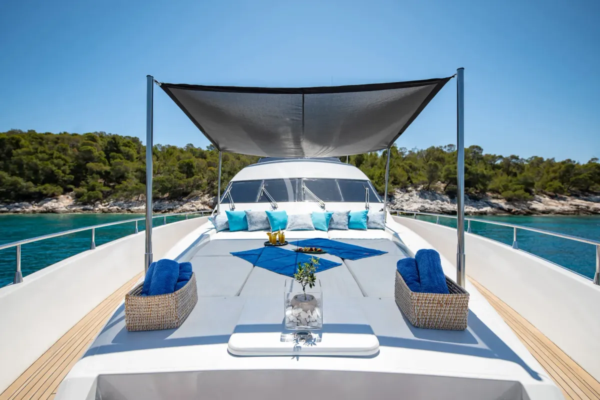 Deck of Wish, a Alfamarine 90 motor yacht at Athens, Greece