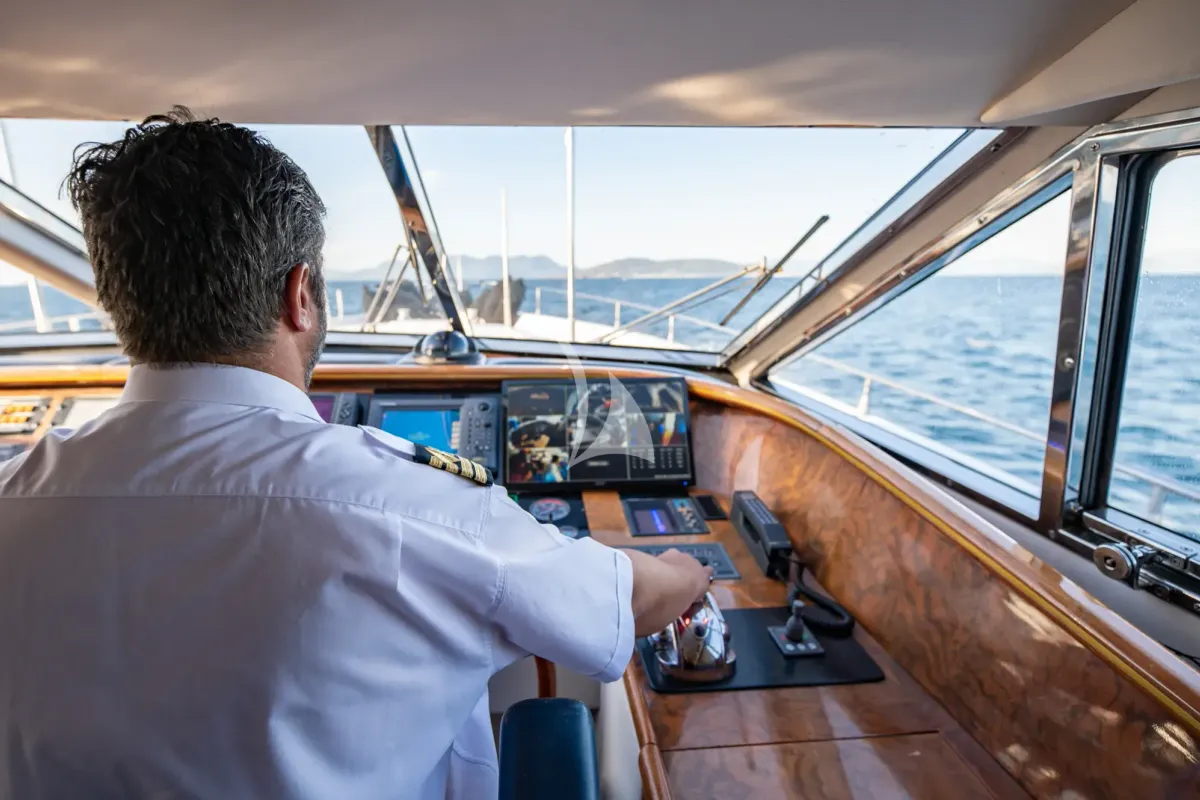Cockpit of Wish, a Alfamarine 90 motor yacht at Athens, Greece