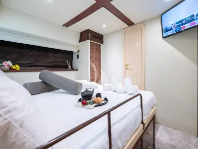 Cabin on Wish, a Alfamarine 90 motor yacht at Athens, Greece