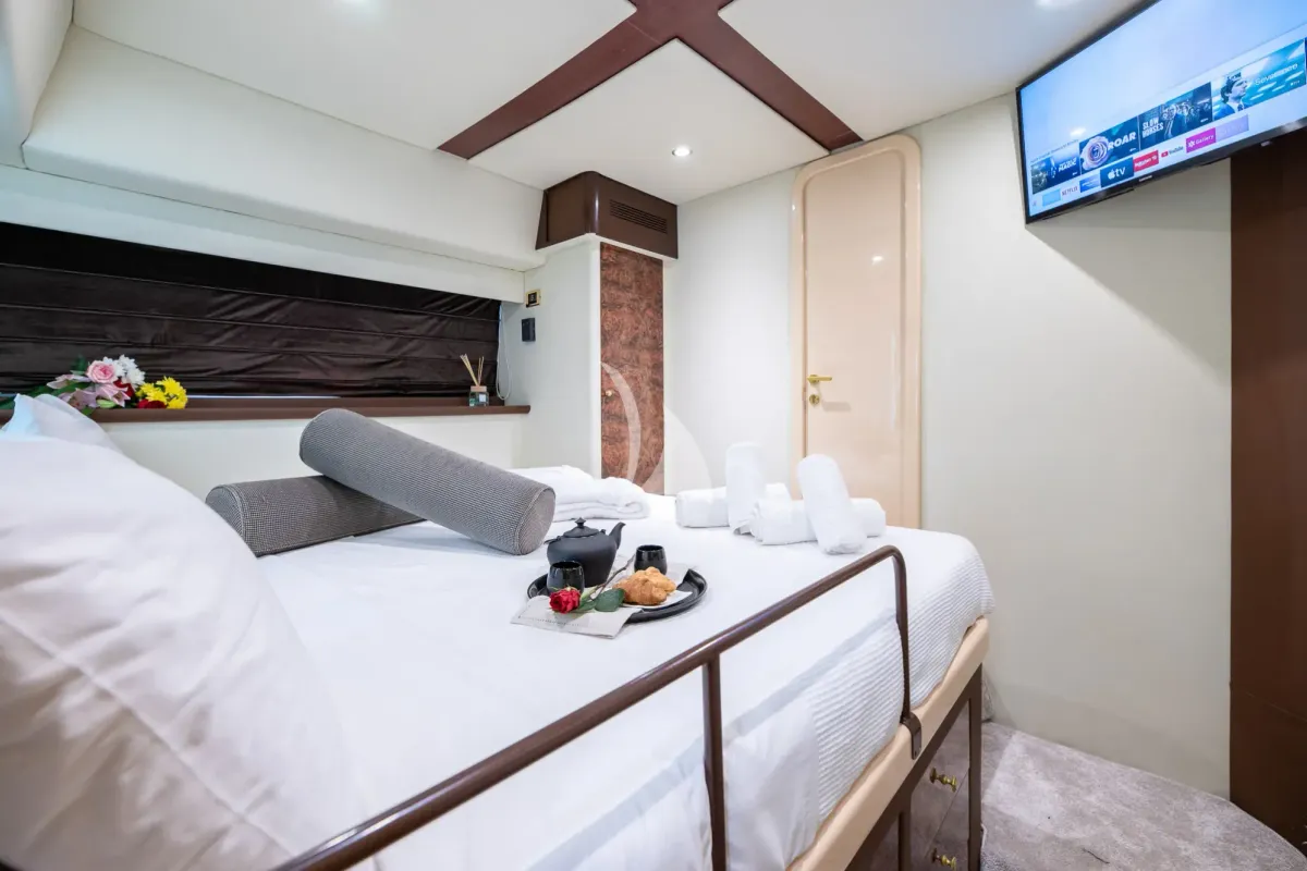 Cabin on Wish, a Alfamarine 90 motor yacht at Athens, Greece