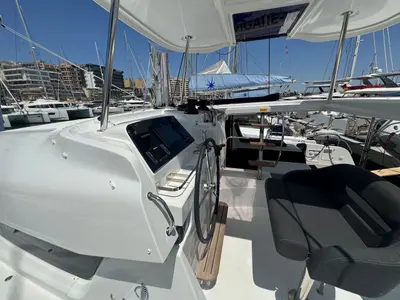 Cockpit of Valmy - 1625/2025, a Lagoon 42 catamaran at Palma de Mallorca, Spain