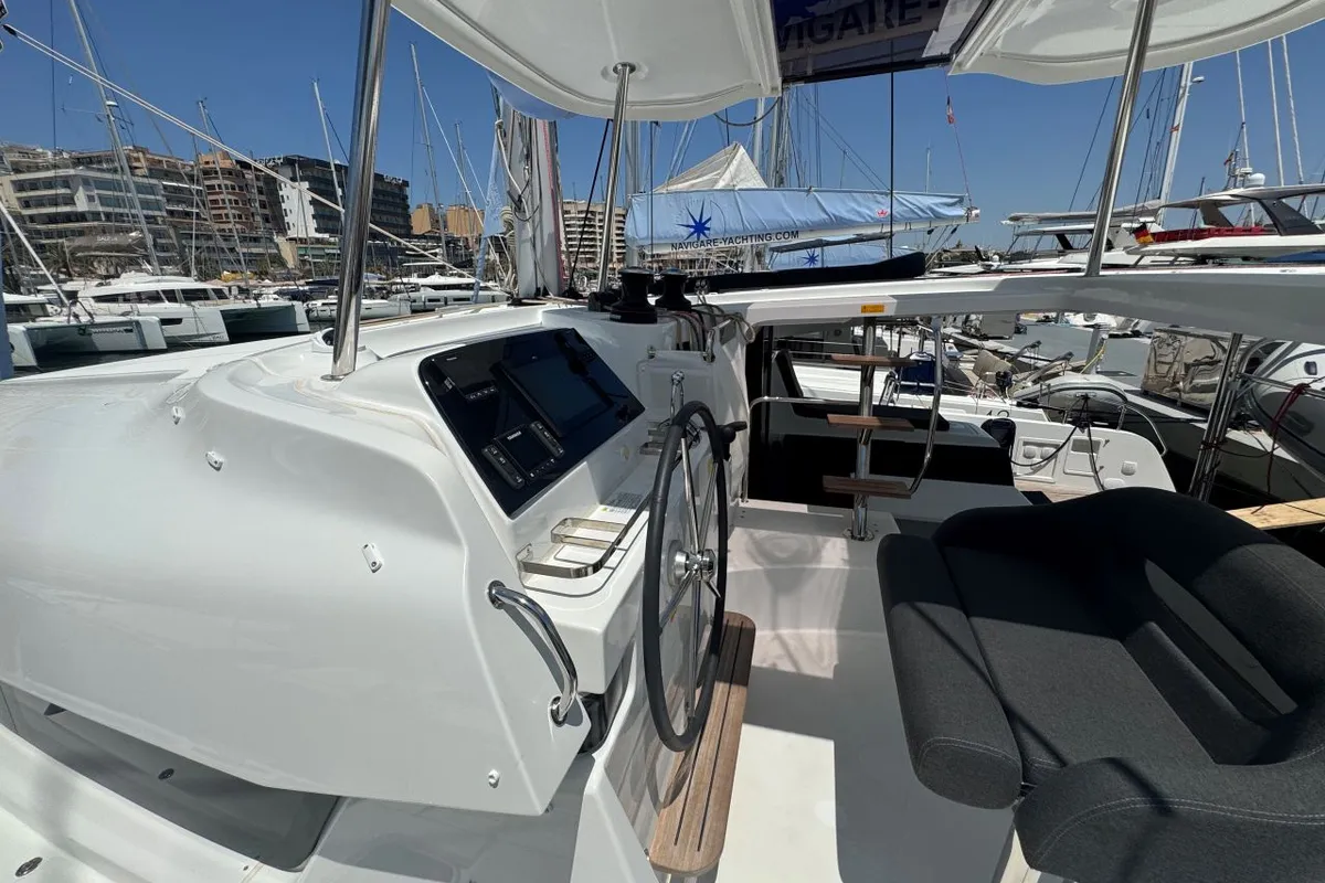 Cockpit of Valmy - 1625/2025, a Lagoon 42 catamaran at Palma de Mallorca, Spain