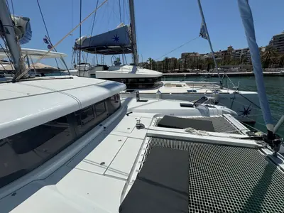 Deck of Valmy - 1625/2025, a Lagoon 42 catamaran at Palma de Mallorca, Spain