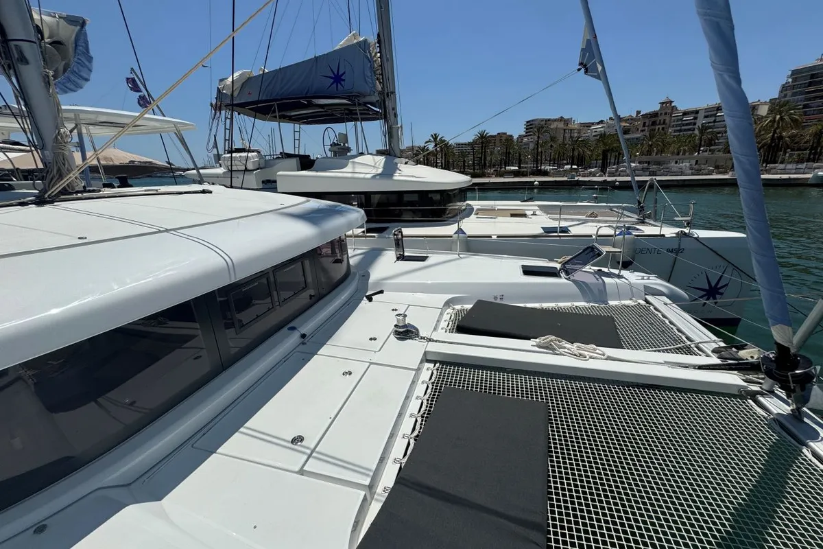 Deck of Valmy - 1625/2025, a Lagoon 42 catamaran at Palma de Mallorca, Spain
